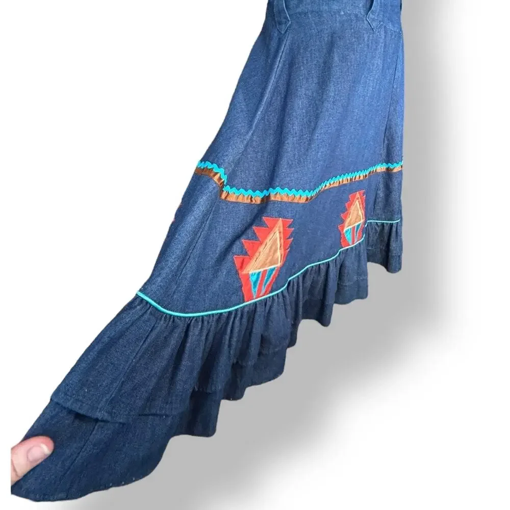 Vintage Handmade Southwest Denim Skirt Tiered Ruffle Hem‎ Abstract Art Appliqué